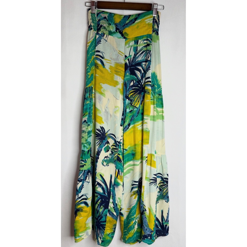 True Destinations Tropical Palm Print Wide Leg Tiered Resort Pants Size XS